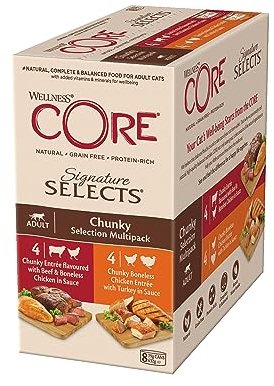 Wellness CORE Signature Selects, Chunky Selection Mix, 8 x 79 g, Nassfutter für ausgewachsene Katzen in Sauce, ohne Zuckerzusatz, getreidefrei, mit hohem Fleischanteil