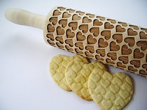 Teigroller mit GROSSE HERZEN für Hausgemachtes Gebäck. Gravierte Nudelholz mit Muster von Algis Crafts