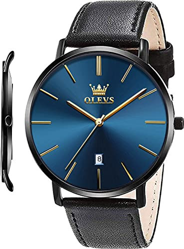 OLEVS Mens Wrist Watches Ultra Thin 6.5mm Minimalist Business Dress Waterproof & Date & Leather Strap Slim Watches for Men