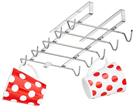 Relaxdays Cuelga Tazas para el Armario, Colgador para 10 Vasos, Ganchos Metálicos, Hierro, 1 Ud, 6x14x28cm, Plateado