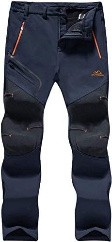 TACVASEN Casual Trousers Mens Winter Ski Trousers Warm Hiking Trekking Rain Camping Trousers Men Army Waterproof Fleece Traval Trousers Zip Pockets, Thick - Navy Blue, 32