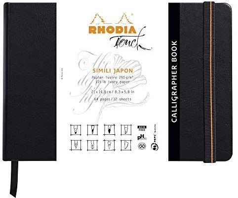 Rhodia 116124C - Skizzenbuch Calligrapher Book, 32 Blatt blanko, simili Japon, blanko, 250g, 21 x 14,8 cm, Querformat, Hardcover mit Kunstleder, Schwarz, 1 Stück