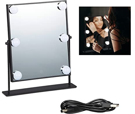 Relaxdays Hollywood Spiegel mit LED Beleuchtung, Touch-Steuerung, 3 Lichtstufen, 6 Glühbirnen, Batterie o. USB, schwarz, 1 stück, 10028680_46