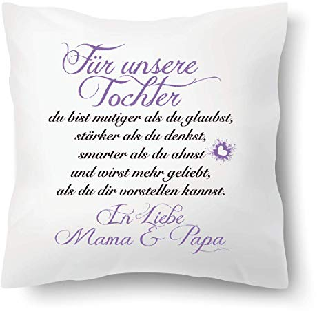 Farbwuselei Kissen mit Spruch Für unsere Tochter in Liebe Mama und Papa Flieder Kissenhülle Inlay Kissenbezug Geschenk Eltern