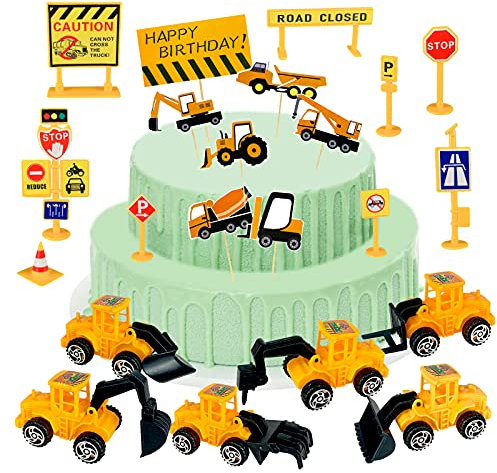 jiuzcare Bagger Tortendeko 22 Stück Bagger Kuchen Deko - 6 Baustellenfahrzeuge Kinder, 9 Verkehrsschilder Spielzeug, 7 Cake Topper Baustelle, Cake Decoration Kuchendeko für Junge Geburtstag