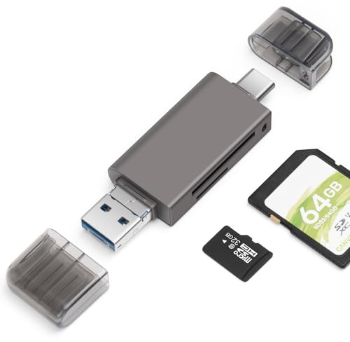 BORLTER CLAMP SD/Micro SD Memory Card Reader with 3 Ports USB C Micro USB OTG Adapters for Laptops, Tablets and Smartphones (Dark Gray)