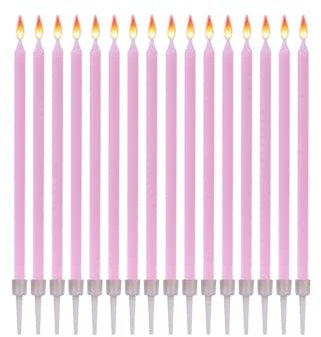 16 Candele di Compleanno Lungo Sottile con Supporti - Dimensioni 12 cm x 0,5 cm - Colore Rosa