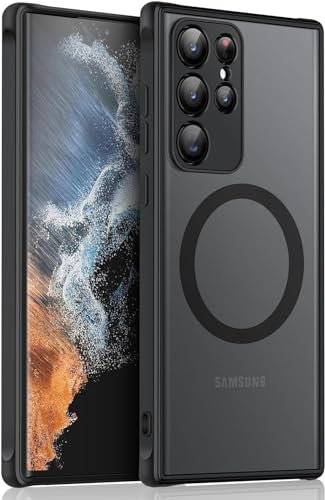 HikerClub Magnetische Hülle für Galaxy S22 Ultra (2022), Kompatibel mit Drahtlosem Magnetischem Laden, Schwarz Transluzente Matt Rückseite Stoßfeste Handyhülle
