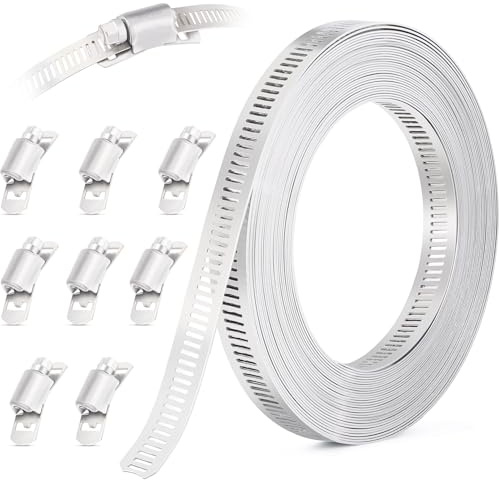 OURU 10FT Hose Clamps,304 Stainless Steel Hose Clamp Assortment Kit DIY Metal Strapping with Holes+8 Fasteners,Adjustable Worm Gear Large Hose Clamps Metal Band Screw Clamp Straps for Pipe,Duct,Tube