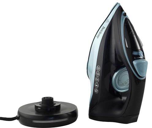 Beldray Fer à Repasser 2600W, Semelle en Céramique, Fer 2 en 1 avec ou sans fil, Fonction anti-calcaire, Poignée Ergonomique, Réglage de température précis, Noir et Bleu