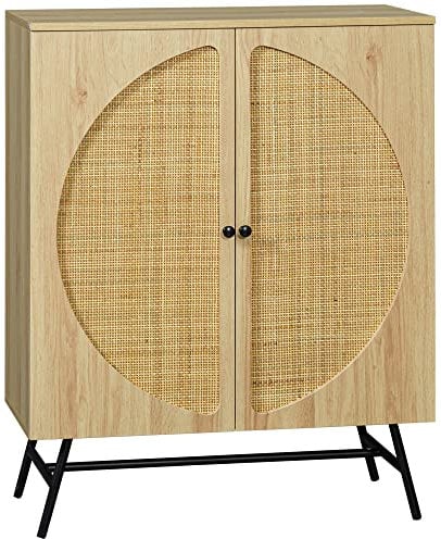 HOMCOM Meuble de Rangement Buffet Haut Aspect Bois et cannage Design 2 Portes - 80 x 39 x 101,8 cm Naturel
