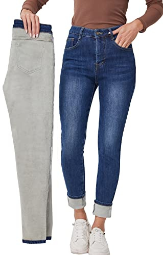 Fakanhui Pantalon en Jean Thermique avec Doublure Polaire pour Femme