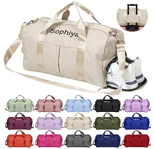 Personalisiert Sporttasche Damen, Wasserdicht Gym Bag mit Sporthandtuch OXYEFEI Embroidery Namen Klassische Sporttaschen Faltbare als Groß Mommy Bag Schwimmtasche Fitness für Damen Mama(Beige)