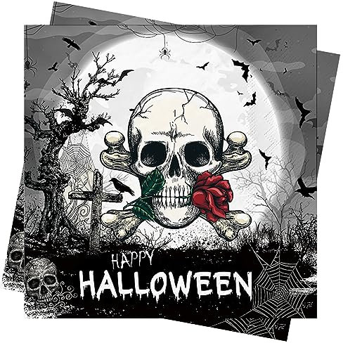 AFYHH Halloween Servietten Halloween Serviette Deko 40Stück Servietten Herbst Geburtstag Schwarz Servietten mit Skelett Halloween Tischdeko Accessories 33X33cm Papierservietten Happy Halloween Napkins