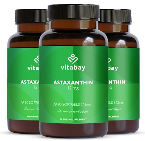 Vitabay Astaxanthin 12 mg hochdosiert – 270 vegane Softgel-Kapseln | laborgeprüft & ohne Zusatzstoffe – Premium-Rohstoff aus Haematococcus pluvialis Algenextrakt – 18 Monate Vorrat