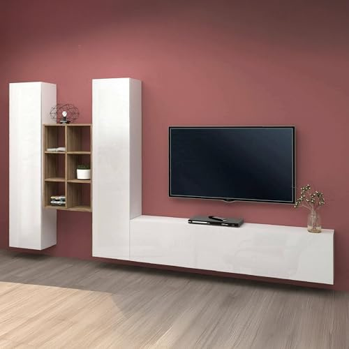 Dmora - Ausgestattete Wand Emiliano, 3-türiges TV-Ständer-Wohnzimmerset, Mehrzweck-Wohnzimmermöbel, 100% Made in Italy, 320 x 30 x 180 cm, glänzendes Weiß und Ahorn,