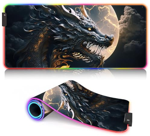 Tappetino per mouse Drago RGB, grande, XXL, 14 modalità luminose, LED, tappetino per mouse avanzato, per computer, laptop, PC, scrivania, gaming, 15,7 x 35,4 pollici