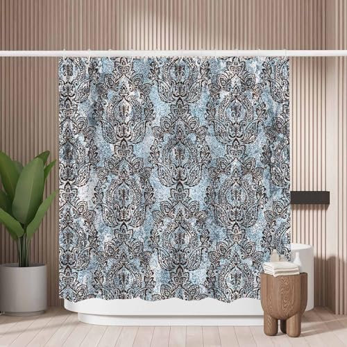 Woutay Shower Curtain Water Repellant Fabric Retro Floral Texture,Mould Proof Resistant,Polyester,with 12 Plastic Hooks