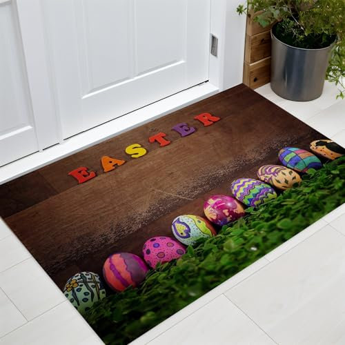Fußmatte Welcome Ostern, 50 x 80 cm, bunte Eier, rutschfeste und waschbare Frühlings-Fußmatte, Gummi-Rückseite, Türmatte für drinnen und draußen, Dekoration #I