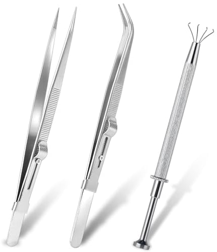 Piercing Zange für Kugeln, 3 Stück Diamant Locking Pins Edelstahl Schmuck Pinzette Kit Diamant Halter Pick up Tool Abgewinkelte Edelsteine Grabber Prong Klaue Pinzette für Stein Perlen Uhren Brillen