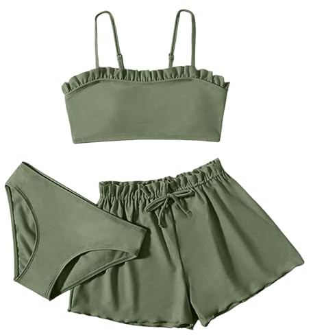 pxjsdwe 3er Set Mädchen Bikini 164 Teenager Einfarbiges 3-Teiliger Badeanzug Tankini Rüschen Riemchen Bikini Oberteil mit Triangel Bikinihose und Kurz Shorts Set Sommer Strand Bademode für 8-16 Jahre