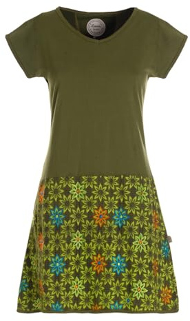 Vishes Damen Kurzarm Kleid mit Blümchen in Olive I Größe L (40) I Handgefertigt aus 100% Baumwolle I Stylisches Sommerkleid für Freizeit & Alltag I Nachhaltige Alternative Bekleidung