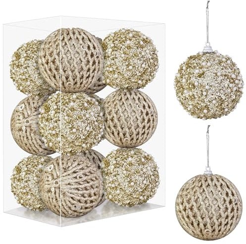 MuRealy Champagner-Weihnachtskugeln, 7,1 cm, Glitzer-Pailletten, Schaumstoff-Weihnachtskugeln, bruchsicher, Weihnachtsbaumschmuck, hängende Kugeln für Hochzeit, Party, Urlaub, Neujahr, Dekoration, 12