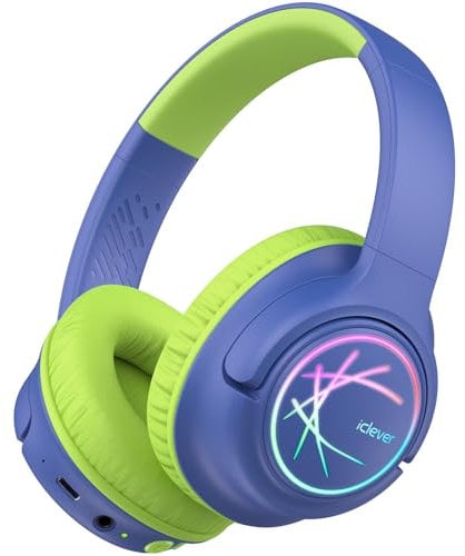 iClever Bluetooth kopfhörer Kinder mit LED-Leuchten, 74/85dBA Lautstärkebegrenzung, 43 Stunden Spielzeit, Stereo-Sound, Typ-C, AUX-Kabel, Bluetooth5.3 Kinderkopfhörer für Tablet/Reisen Blau Grün