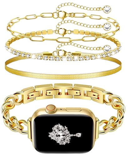 Set di 3 cinturini sottili in oro e bracciale da donna, femminile, elegante, compatibile con Apple Watch Band da 38 mm, 40 mm, 41 mm, 42 mm (S10), cinturino in metallo regolabile, catena elegante per