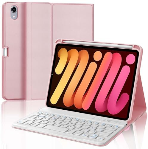 Funda con Teclado para iPad Mini 7 2024/iPad Mini 6 2021, Teclado para iPad Mini 7/6 Generación 8.3, Teclado Inalámbrico Bluetooth Desmontable para iPad Mini 6/7 Generación 8.3 pulgadas, Rosa