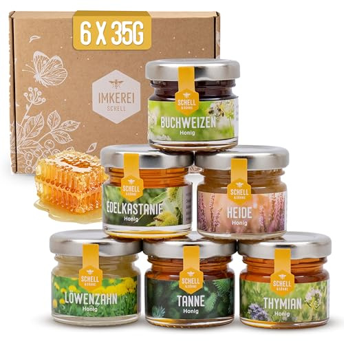 Imkerei Schell – Honig Geschenkset (6×35 g) Die Kräftigen - Honigset ideal zum Verschenken oder Probieren - Mini Honiggläser gefüllt mit Edelkastanienhonig, Tannenhonig, Heidehonig