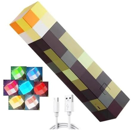 Linterna de pared con 7 colores Miner Game Craft luz nocturna recargable por USB de 28cm lámpara de antorcha artesanal juego de mineros LED, mano/pared LED para niños, regalos, habitaciones y fiestas