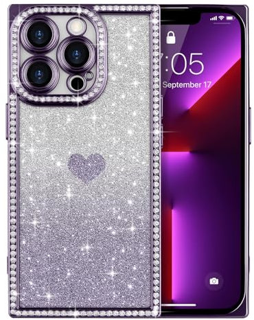 ROSEHUI for iPhone 13 Pro Max Case for Women Girls,Cute Love Heart Pattern, Electroplated Luxury Glitter Bling Diamond Clear Rectangle Case,Full Camera Protective Shockproof Soft TPU Cover-Purple