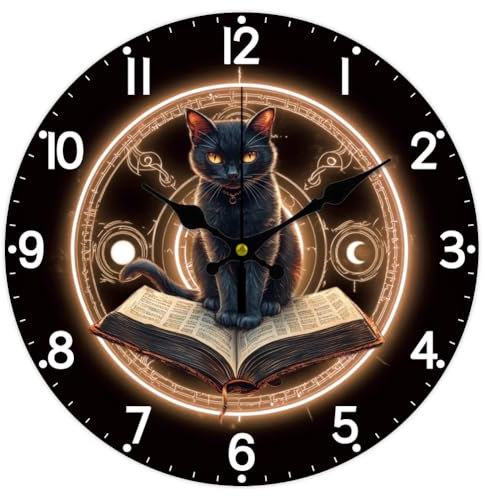 CHGCRAFT Wanduhr Mit Schwarzer Katze 12 Zoll Batteriebetrieben Magisches Buch Nicht Tickend Geräuschlose Wanduhr Dekorative Uhr
