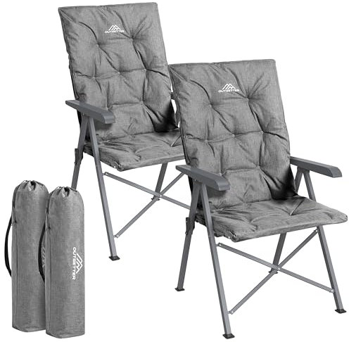 Luxury Adjustable Camping Chairs 2 Set for Adults Heavy Duty Outdoor 4-Position High Back Oversized Garden Padded Folding Chair for Caravan Dining Beach Picnic Fishing 150kg Load Capacity Grey