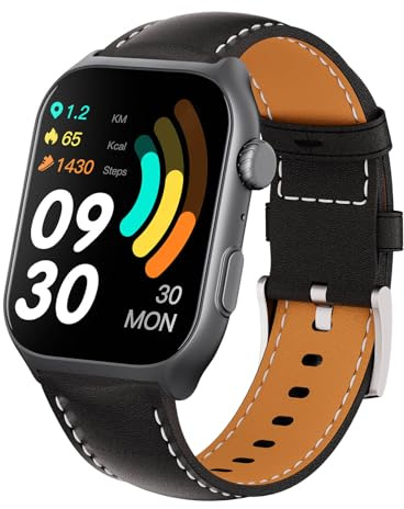 RORIOS Smartwatch für Herren Damen Sport Fitness Intelligente Armbanduhr Aktivität Tracker Überwachung der Herzfrequenz Leder Armband Schwarz B