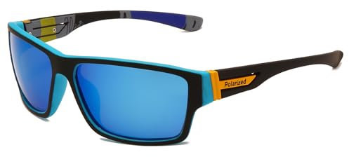 Long Keeper Sport Sonnenbrille Polarisiert für Herren Damen Sportbrille Fahrradbrille Spiegelglas mit UV 400 Schutz zum Fahren Autofahren Golf Laufen (Schwarz Blau Rahmen - Verspiegelt Blau Gläser)