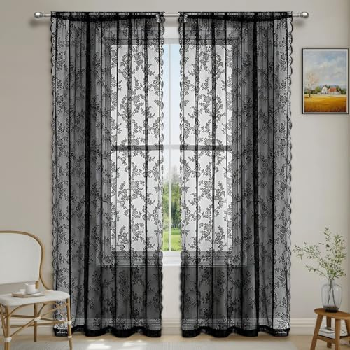 2 Stück Spitze Vorhang Gardinenschal Blumen Muster Gardinen Transluzente Vintage Romantisch Dekoschal Ösenvorhänge Tüllvorhänge Fensterschal für Wohnzimmer Schlafzimmer -100x100cm(BxL),Schwarz