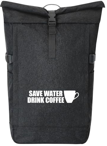 Huuraa Kurierrucksack Save Water Drink Coffee Kaffeetasse 30-44 Liter Black Melange Fairtrade Rolltop Rucksack Geschenkidee