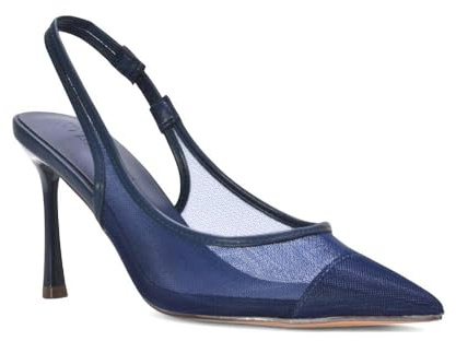 ESSEX GLAM Women's Slingback Court Shoes Ladies Navy Mesh Point Toe Stiletto Mid Migh Heel Bridal Evening Party Size 8