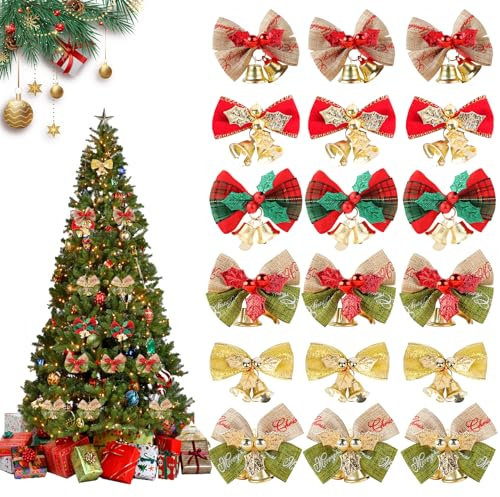 30 Stück Weihnachtsschleife mit Glocke in 6 Designs, 5cm Deko Schleifen Weihnachten für Weihnachtsbaum, Geschenke, Adventskranz und zum Basteln, Christbaumschmuck