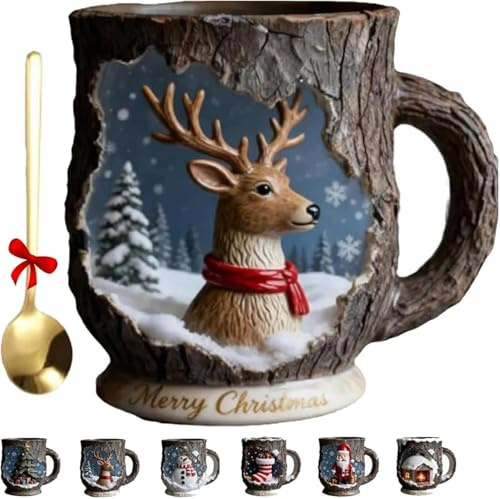 Caduola Christmas Themed Mugs Collection, 3D Cute Merry Christmas Ceramic Cup with Festive Design, Dishwasher and Microwave Safe, Unique Xmas Holiday Coffee Mug for Hot Beverages (Deer)