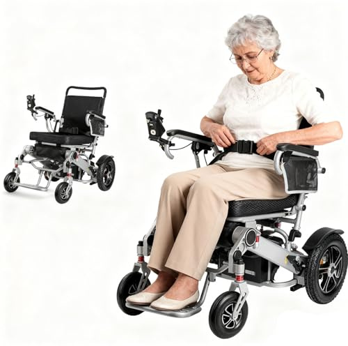 Mindmed Elektro Leichtrollstuhl Leicht zusammenzufalten 2 Akkus für 30 km, 120 kg Tragkraft, 40 cm Luftreifen & LED-Licht für nächtliche Outdoor-Fahrten