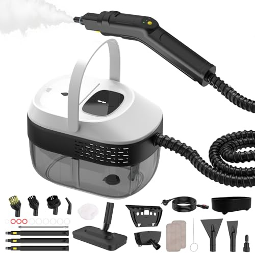 Dampfreiniger Mit 3 Stufig Verstellbarer Griff, Transportwagens, Mop, 1,6 L Wassertank, 15 Sekunden Aufheizzeit, 17 Zubehörteilen, für Boden, Küche, Fenstern,Badezimmern, Autos