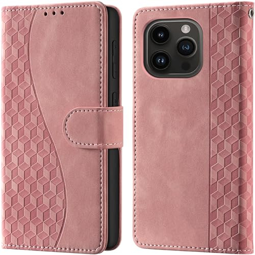 Wallet Flip Case for iPhone 15 Pro Leather Pink | RFID Blocking, 3 Card Slots & 1 Cash Pocket, Magnetic Closure, Kickstand, PU Leather Flip Cover for iPhone 15 Pro