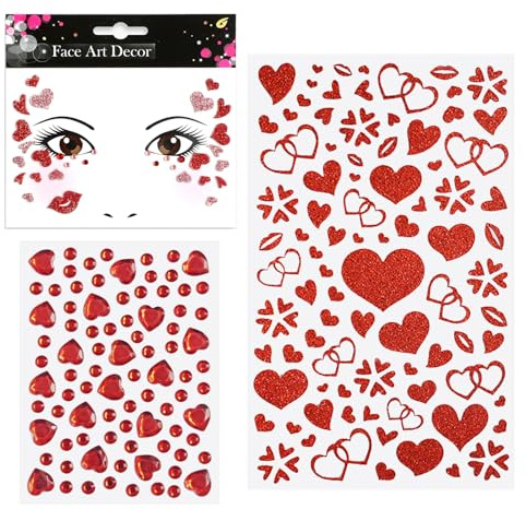 3 Pcs Strass Autocollant Visage Cœur pour Saint-Valentin, Tatouage Cœur Faux Autocollants, Autocollants de Maquillage pour Noël Soirée et Occasions Spéciales, Rouge