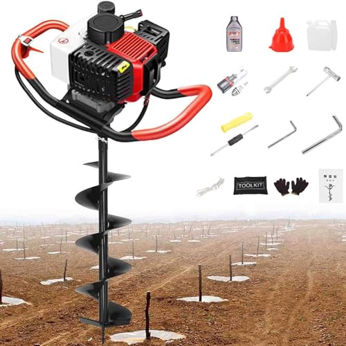 Electric Earth Auger, Gas Powered Post Hole Digger with 8 Drill Bits for Planting Trees and Fence Posts, Portable Petrol Piledriver