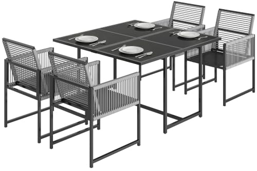 Outsunny Gartenmöbel Set Sitzgruppe 5-teilig Glastisch 4 Stühle Hellgrau | Atmungsaktive Stühle, Klappbare Rückenlehne, Seilflecht, Platzsparend, Essgruppe Gartengarnitur Gartenset