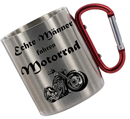 CreaLuxe Edelstahltasse mit Karabiner - Echte Männer fahren Motorrad - 330ml, Tasse bedruckt, Kaffeetasse, Bürotasse, Metalltasse mit Name