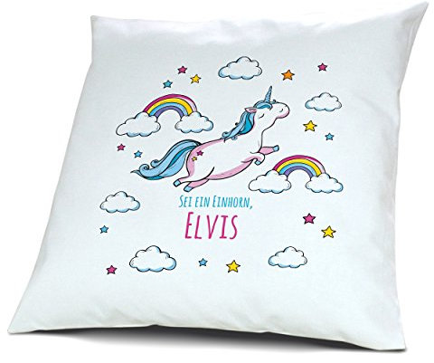 printplanet Kopfkissen mit Namen Elvis - Motiv Sei EIN Einhorn, 40 cm, 100% Baumwolle, Kuschelkissen, Liebeskissen, Namenskissen, Geschenkidee